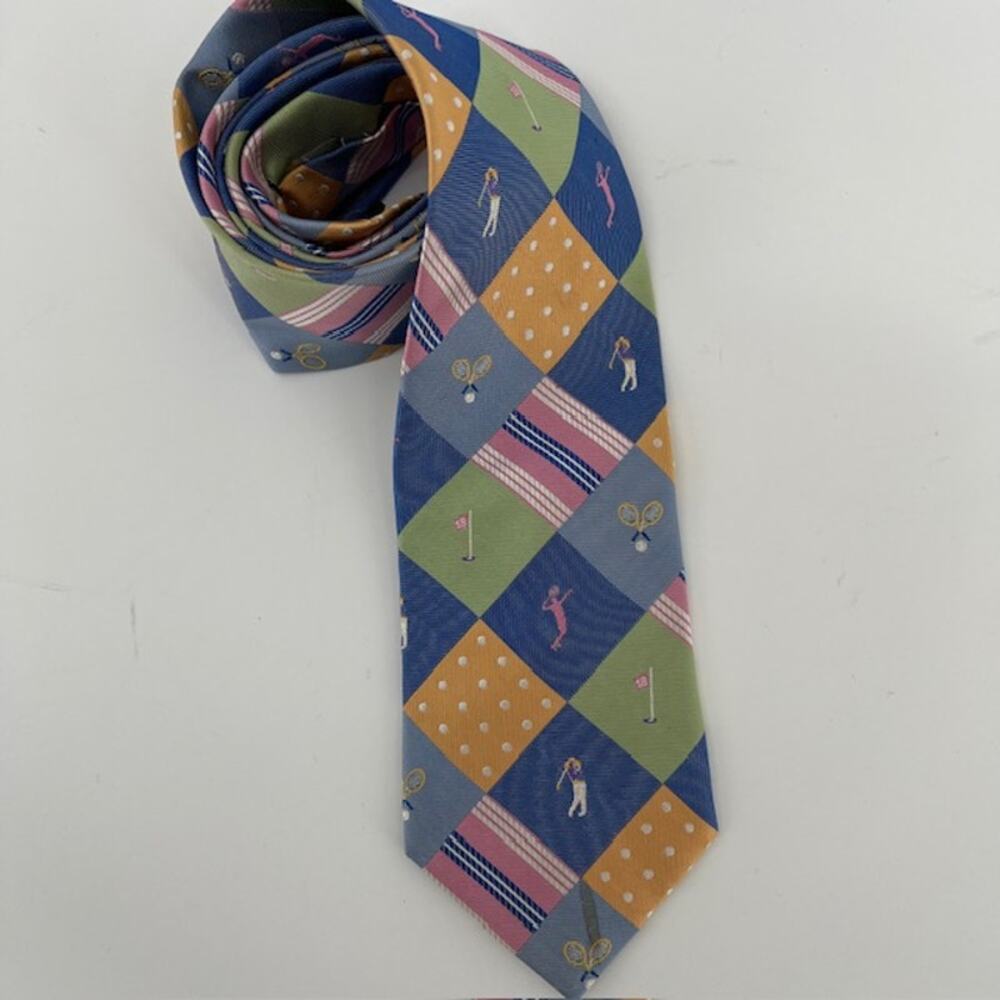 Rooster 100% Silk Golf Tennis Novelty Necktie Argyle Blue Pink 3.75"